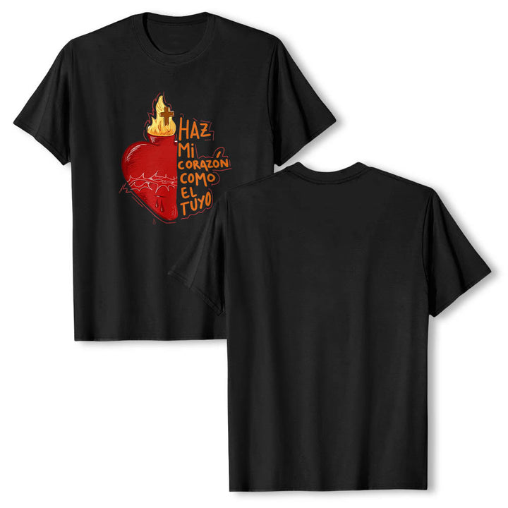 Christianartworkshop T-shirt classique imprimé sur le devant avec un slogan dévotionnel espagnol : Épine sacrée, plaie, flamme, croix et cœur - image 9