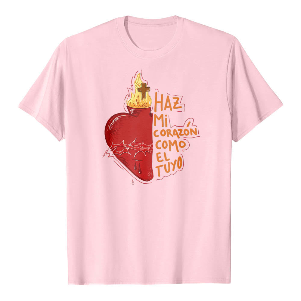 Christianartworkshop T-shirt classique imprimé sur le devant avec un slogan dévotionnel espagnol : Épine sacrée, plaie, flamme, croix et cœur - Rose - 2XL - image 16