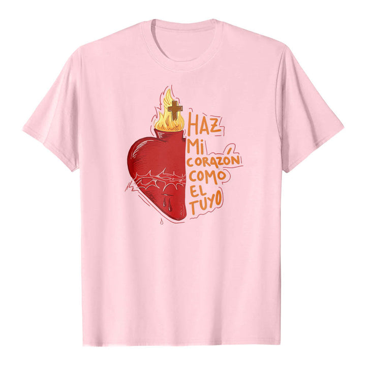 Christianartworkshop T-shirt classique imprimé sur le devant avec un slogan dévotionnel espagnol : Épine sacrée, plaie, flamme, croix et cœur - Rose - 2XL - image 16