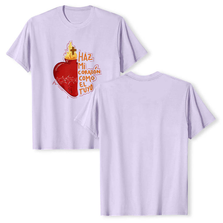 Christianartworkshop T-shirt classique imprimé sur le devant avec un slogan dévotionnel espagnol : Épine sacrée, plaie, flamme, croix et cœur - image 13