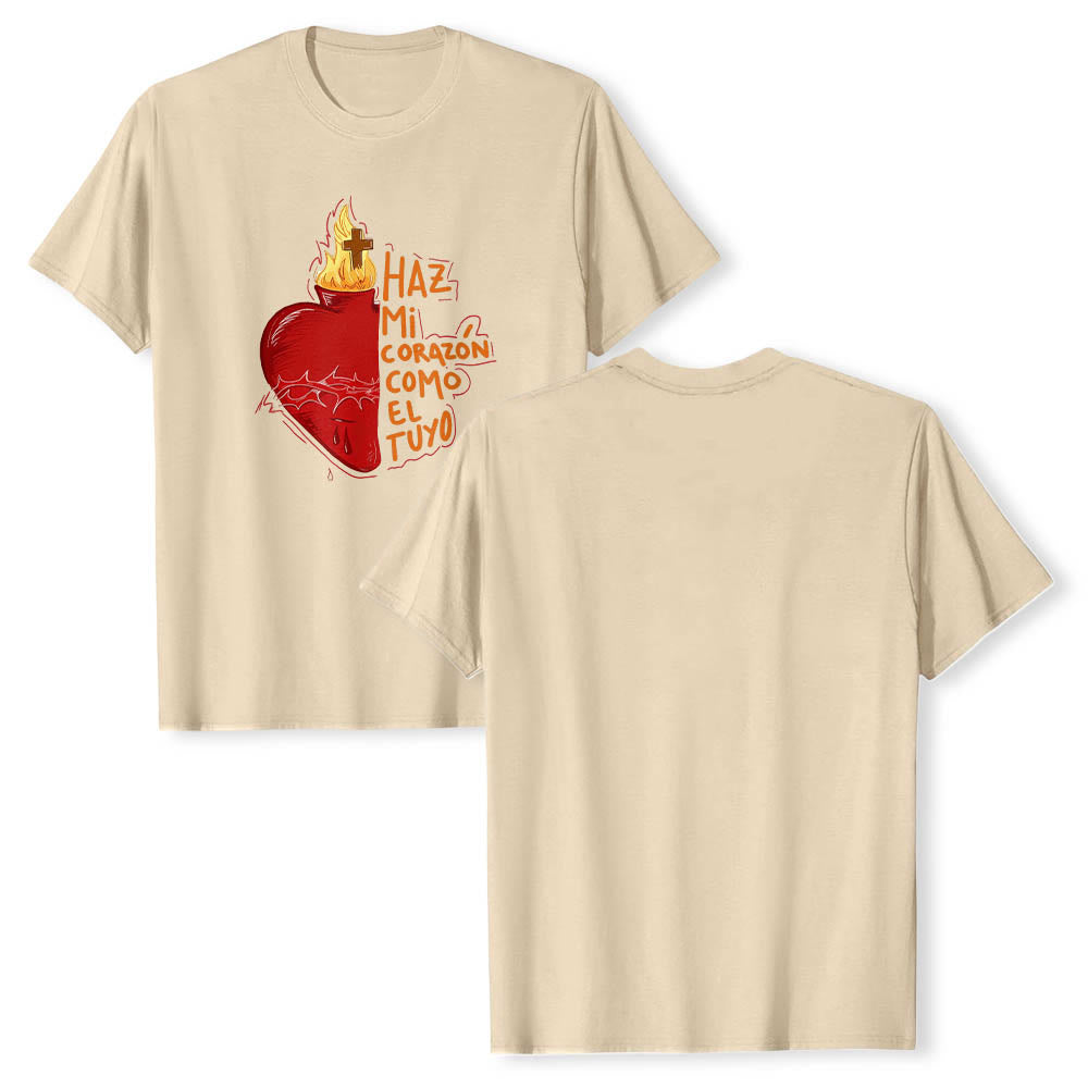 Christianartworkshop T-shirt classique imprimé sur le devant avec un slogan dévotionnel espagnol : Épine sacrée, plaie, flamme, croix et cœur - image 1