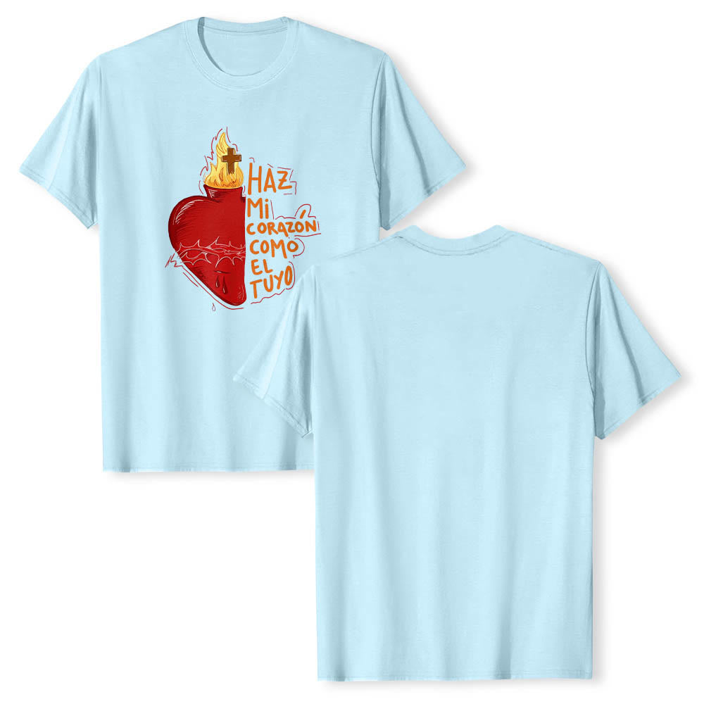 Christianartworkshop T-shirt classique imprimé sur le devant avec un slogan dévotionnel espagnol : Épine sacrée, plaie, flamme, croix et cœur - image 11