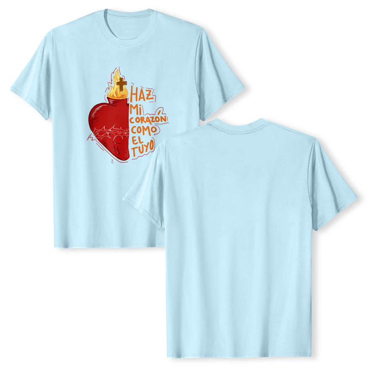 Christianartworkshop T-shirt classique imprimé sur le devant avec un slogan dévotionnel espagnol : Épine sacrée, plaie, flamme, croix et cœur - image 11