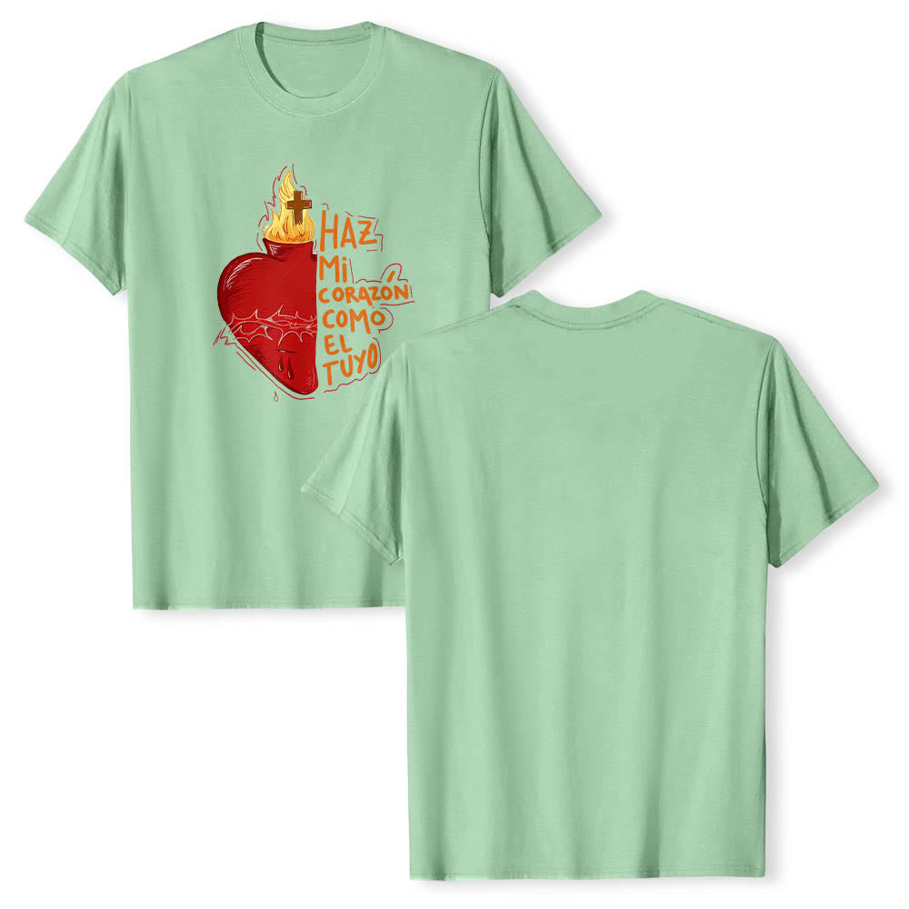 Christianartworkshop T-shirt classique imprimé sur le devant avec un slogan dévotionnel espagnol : Épine sacrée, plaie, flamme, croix et cœur - image 15