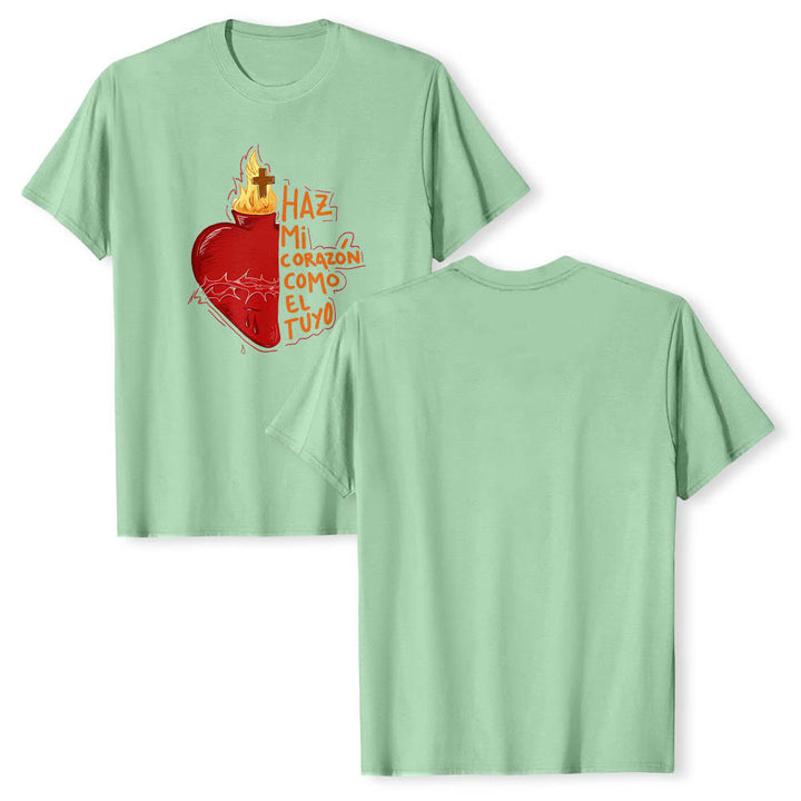 Christianartworkshop T-shirt classique imprimé sur le devant avec un slogan dévotionnel espagnol : Épine sacrée, plaie, flamme, croix et cœur - image 15