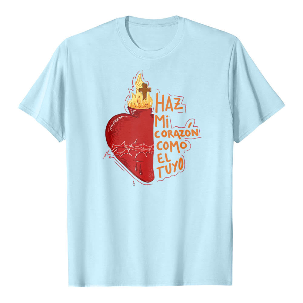 Christianartworkshop T-shirt classique imprimé sur le devant avec un slogan dévotionnel espagnol : Épine sacrée, plaie, flamme, croix et cœur - Bleu - 2XL - image 10