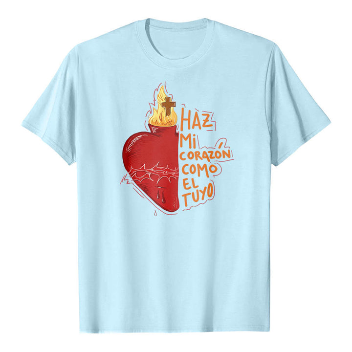 Christianartworkshop T-shirt classique imprimé sur le devant avec un slogan dévotionnel espagnol : Épine sacrée, plaie, flamme, croix et cœur - Bleu - 2XL - image 10