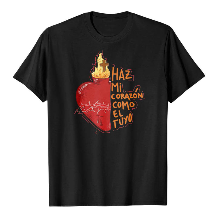 Christianartworkshop T-shirt classique imprimé sur le devant avec un slogan dévotionnel espagnol : Épine sacrée, plaie, flamme, croix et cœur - Noir - 2XL - image 8