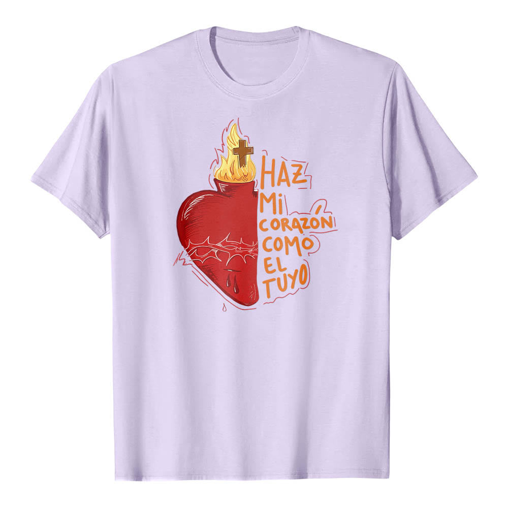 Christianartworkshop T-shirt classique imprimé sur le devant avec un slogan dévotionnel espagnol : Épine sacrée, plaie, flamme, croix et cœur - Violet - 2XL - image 12