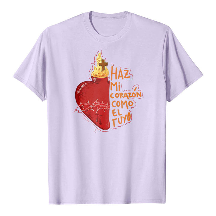 Christianartworkshop T-shirt classique imprimé sur le devant avec un slogan dévotionnel espagnol : Épine sacrée, plaie, flamme, croix et cœur - Violet - 2XL - image 12