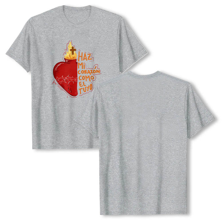 Christianartworkshop T-shirt classique imprimé sur le devant avec un slogan dévotionnel espagnol : Épine sacrée, plaie, flamme, croix et cœur - image 3