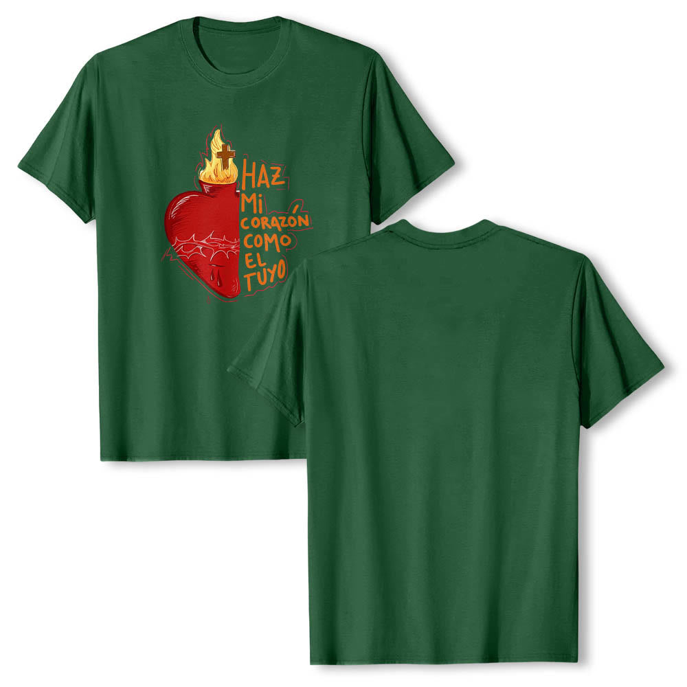 Christianartworkshop T-shirt classique imprimé sur le devant avec un slogan dévotionnel espagnol : Épine sacrée, plaie, flamme, croix et cœur - image 7