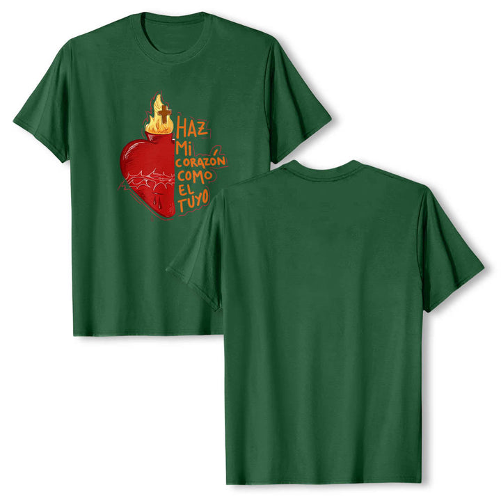 Christianartworkshop T-shirt classique imprimé sur le devant avec un slogan dévotionnel espagnol : Épine sacrée, plaie, flamme, croix et cœur - image 7