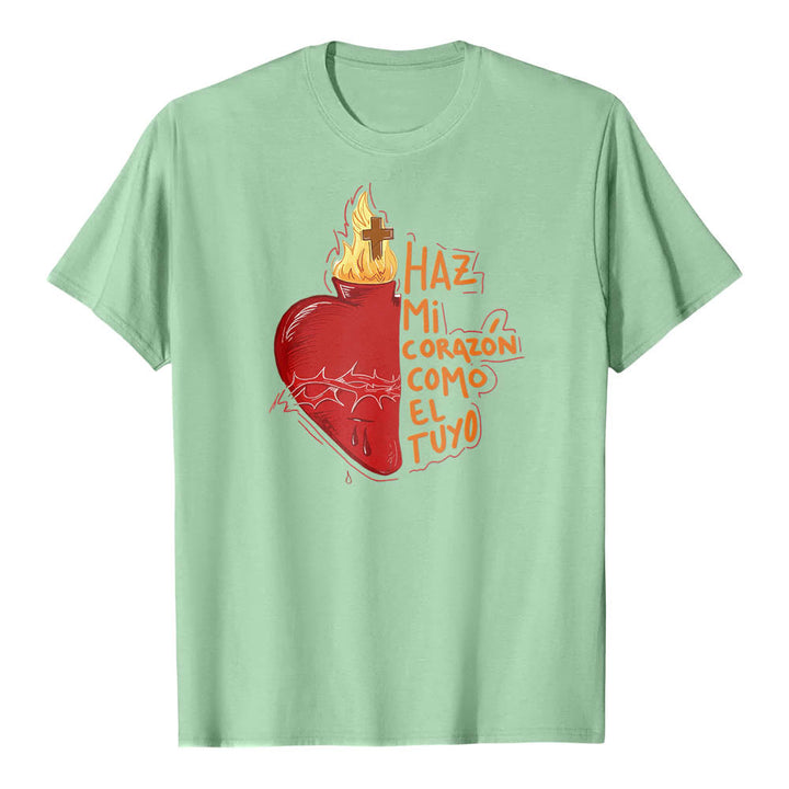 Christianartworkshop T-shirt classique imprimé sur le devant avec un slogan dévotionnel espagnol : Épine sacrée, plaie, flamme, croix et cœur - Vert clair - 2XL - image 14