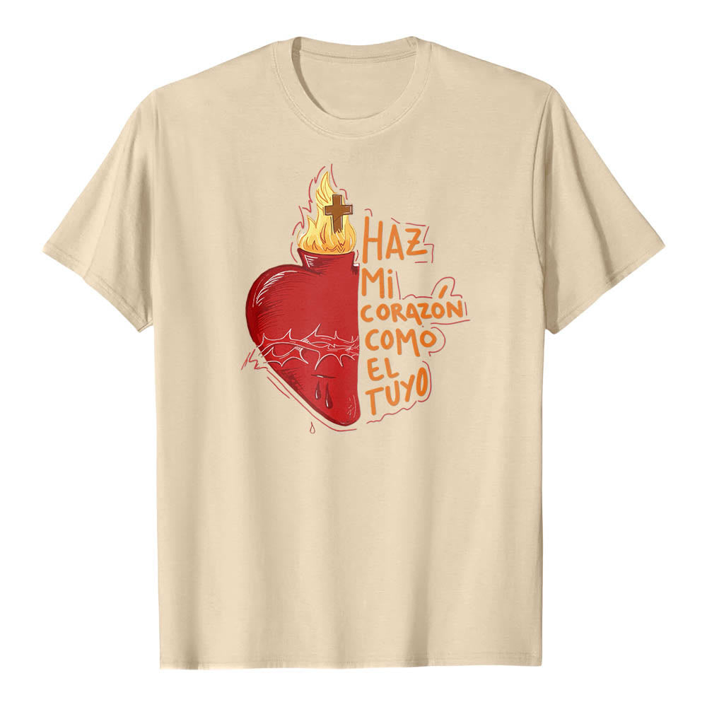 Christianartworkshop T-shirt classique imprimé sur le devant avec un slogan dévotionnel espagnol : Épine sacrée, plaie, flamme, croix et cœur - Beige - 2XL - image 0