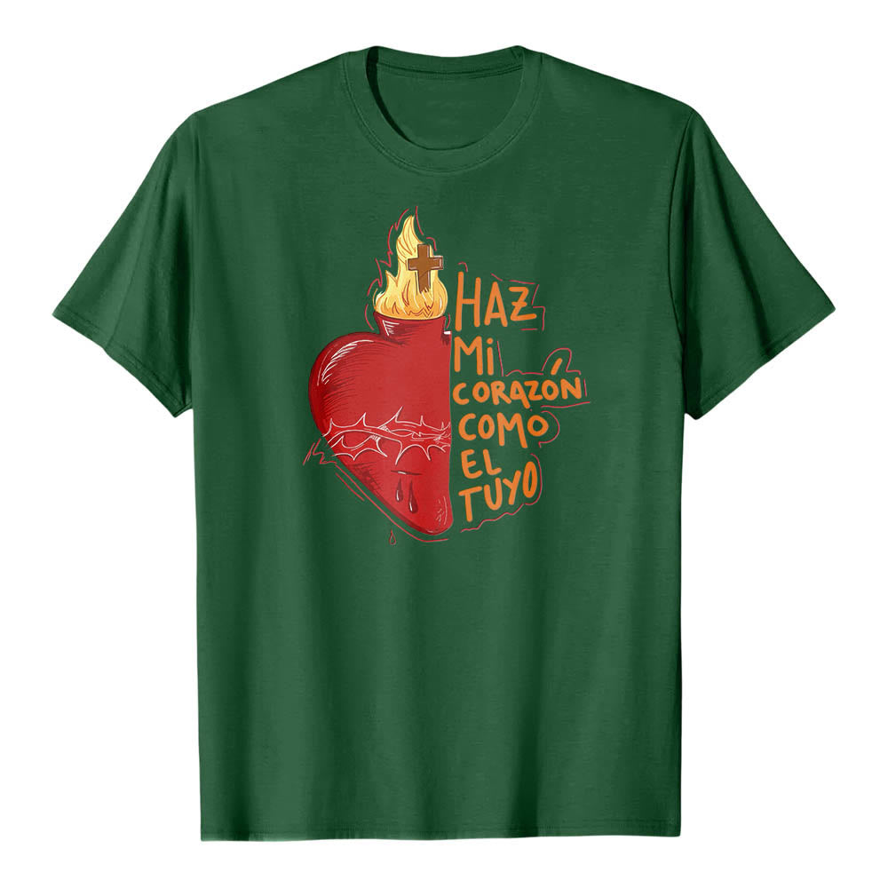 Christianartworkshop T-shirt classique imprimé sur le devant avec un slogan dévotionnel espagnol : Épine sacrée, plaie, flamme, croix et cœur - Vert foncé - 2XL - image 6