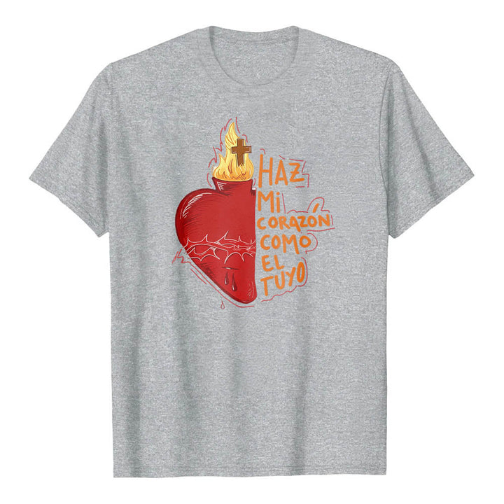 Christianartworkshop T-shirt classique imprimé sur le devant avec un slogan dévotionnel espagnol : Épine sacrée, plaie, flamme, croix et cœur - Gris - 2XL - image 2