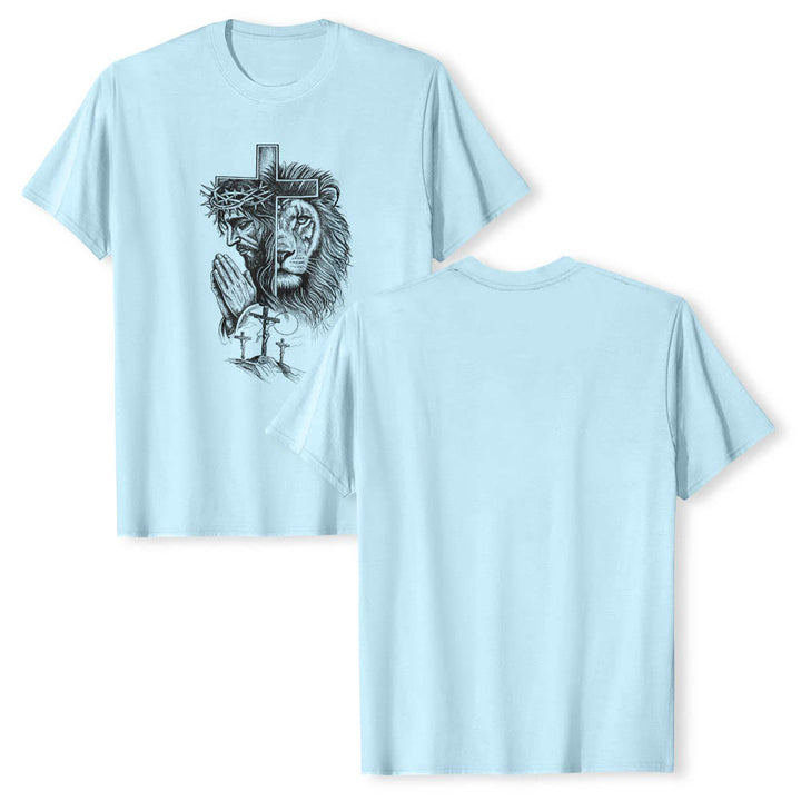 Christianartworkshop T-shirt classique imprimé sur le devant, représentant Jésus en prière avec un lion et une croix du Golgotha ​​(portrait divisé). - image 11