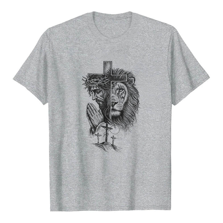 Christianartworkshop T-shirt classique imprimé sur le devant, représentant Jésus en prière avec un lion et une croix du Golgotha ​​(portrait divisé). - Gris - 2XL - image 4