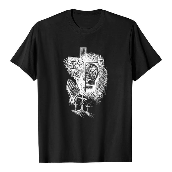 Christianartworkshop T-shirt classique imprimé sur le devant, représentant Jésus en prière avec un lion et une croix du Golgotha ​​(portrait divisé). - Noir - 2XL - image 8