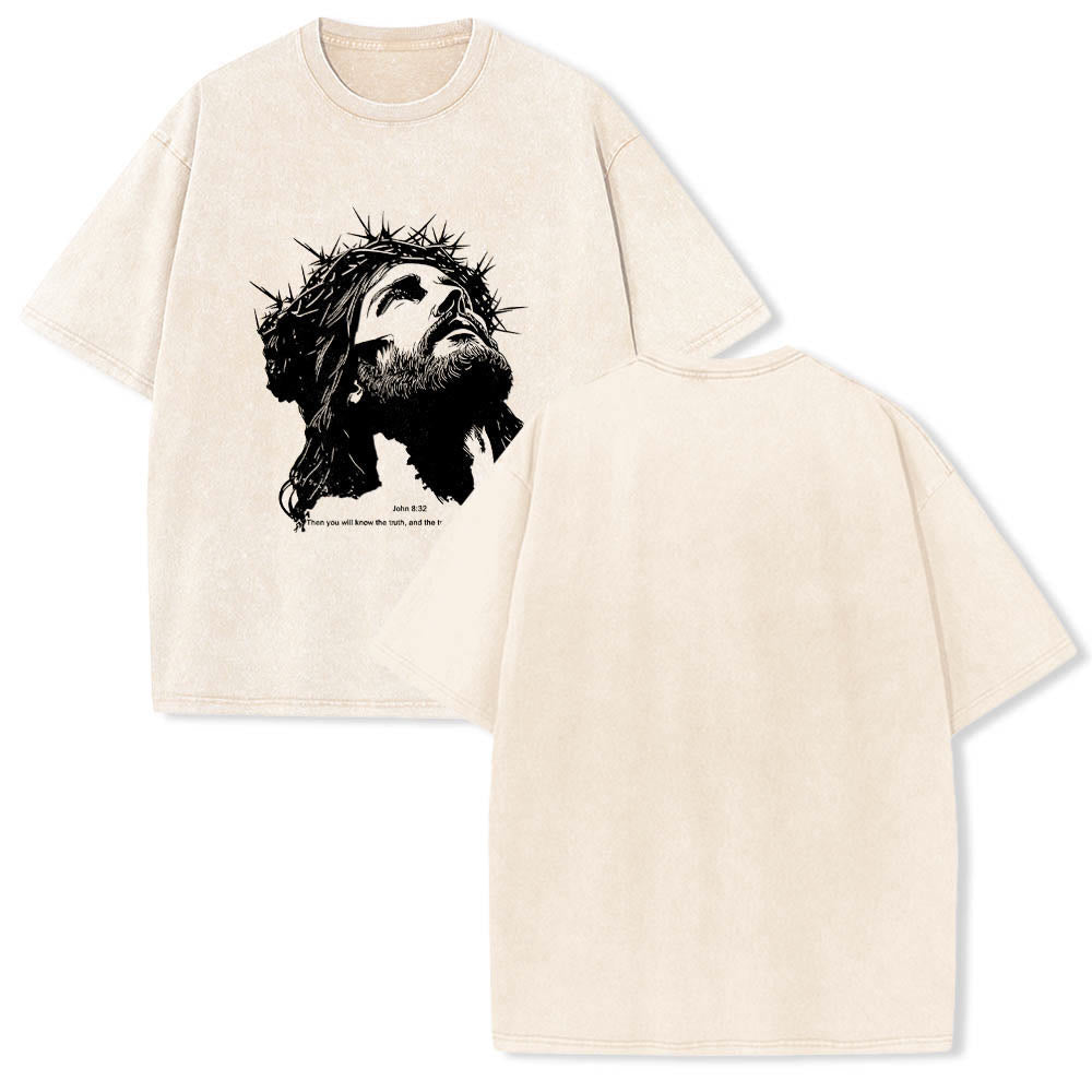 Christianartworkshop T-shirt vintage délavé avec portrait de Jésus couronné d'épines et verset biblique Jean 8:32 imprimé sur le devant - image 1