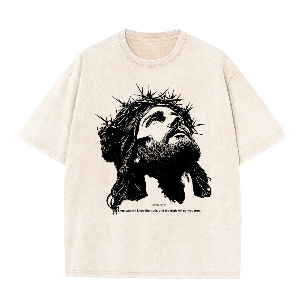 Christianartworkshop T-shirt vintage délavé avec portrait de Jésus couronné d'épines et verset biblique Jean 8:32 imprimé sur le devant - Beige - 5XL - image 0
