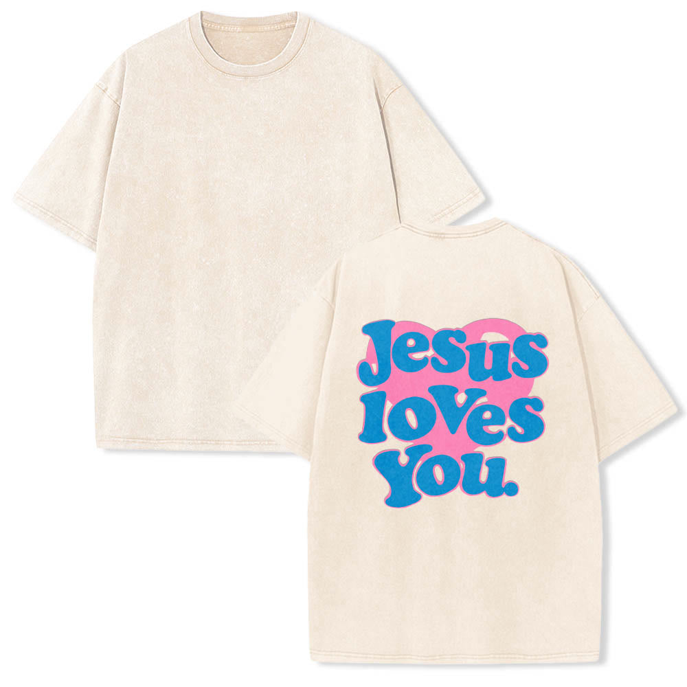 Christianartworkshop T-shirt délavé avec inscription « Jésus t’aime » en police bulle et cœur - image 1