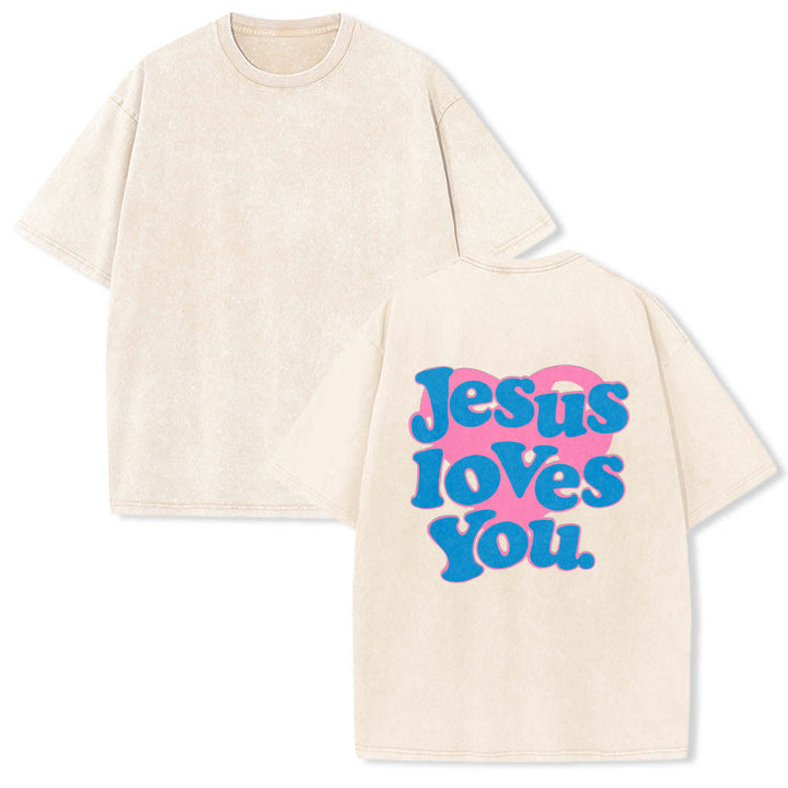 Christianartworkshop T-shirt délavé avec inscription « Jésus t’aime » en police bulle et cœur - image 1