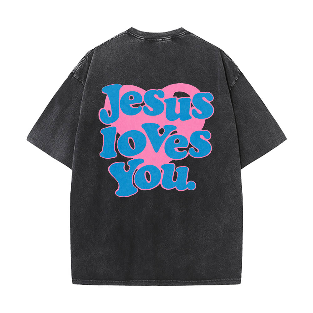 Christianartworkshop T-shirt délavé avec inscription « Jésus t’aime » en police bulle et cœur - Noir - 5XL - image 4