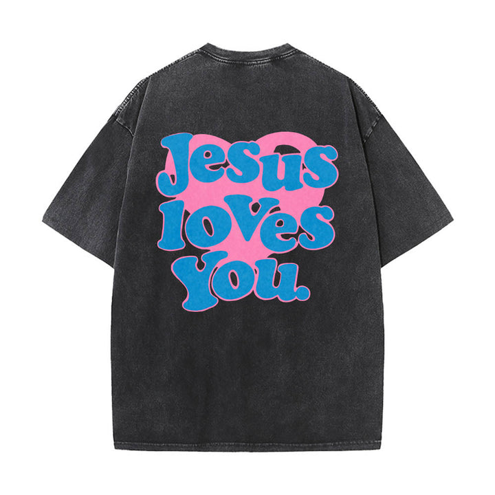 Christianartworkshop T-shirt délavé avec inscription « Jésus t’aime » en police bulle et cœur - Noir - 5XL - image 4