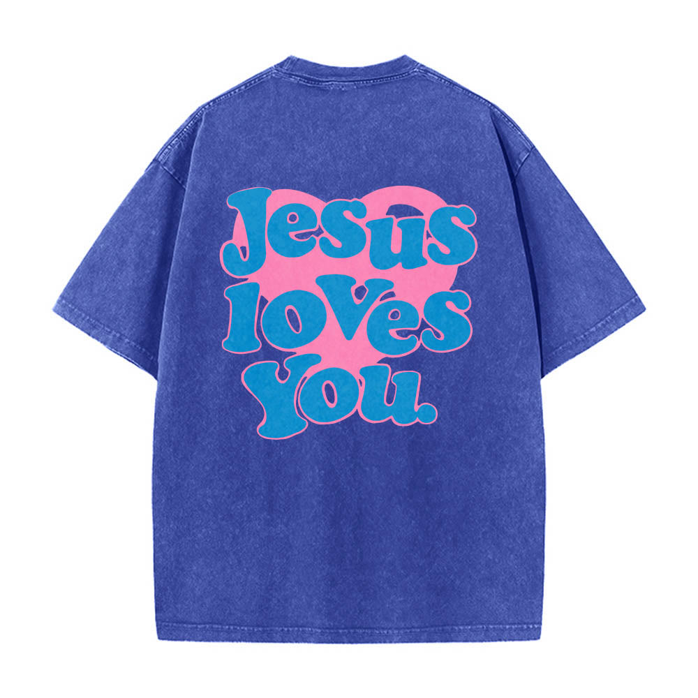 Christianartworkshop T-shirt délavé avec inscription « Jésus t’aime » en police bulle et cœur - Bleu - 5XL - image 6