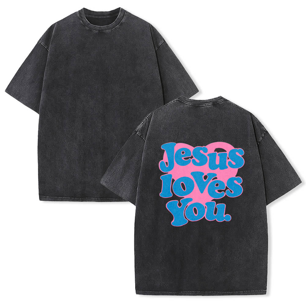Christianartworkshop T-shirt délavé avec inscription « Jésus t’aime » en police bulle et cœur - image 5