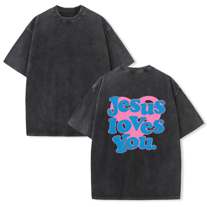 Christianartworkshop T-shirt délavé avec inscription « Jésus t’aime » en police bulle et cœur - image 5