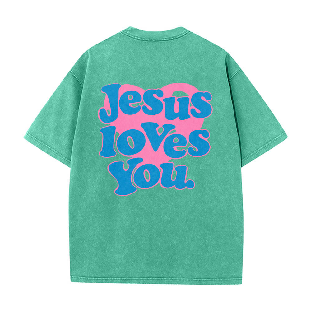 Christianartworkshop T-shirt délavé avec inscription « Jésus t’aime » en police bulle et cœur - Vert - 5XL - image 10