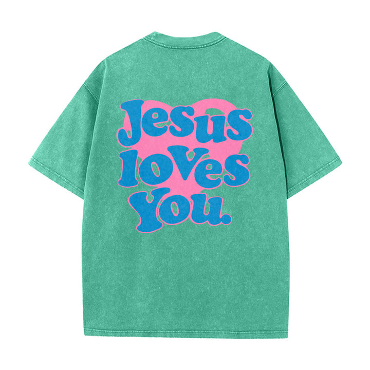 Christianartworkshop T-shirt délavé avec inscription « Jésus t’aime » en police bulle et cœur - Vert - 5XL - image 10