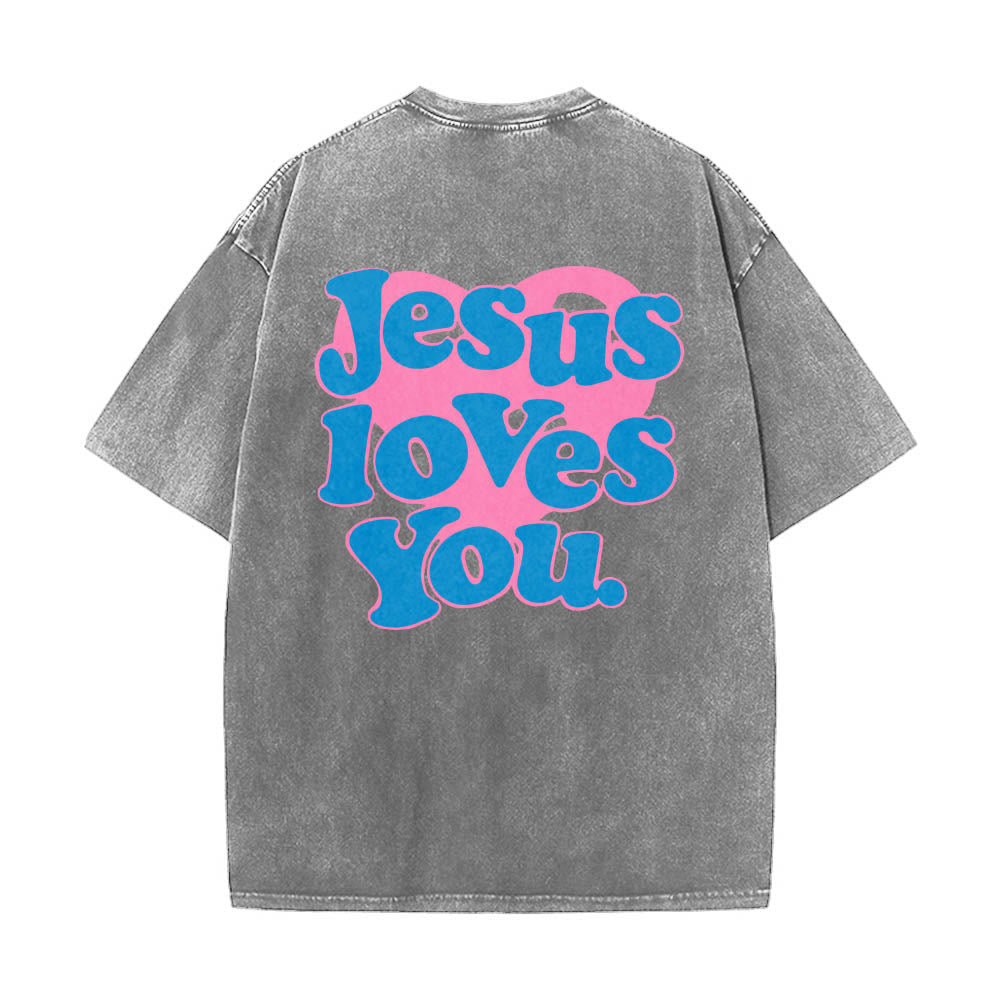 Christianartworkshop T-shirt délavé avec inscription « Jésus t’aime » en police bulle et cœur - Gris - 5XL - image 2