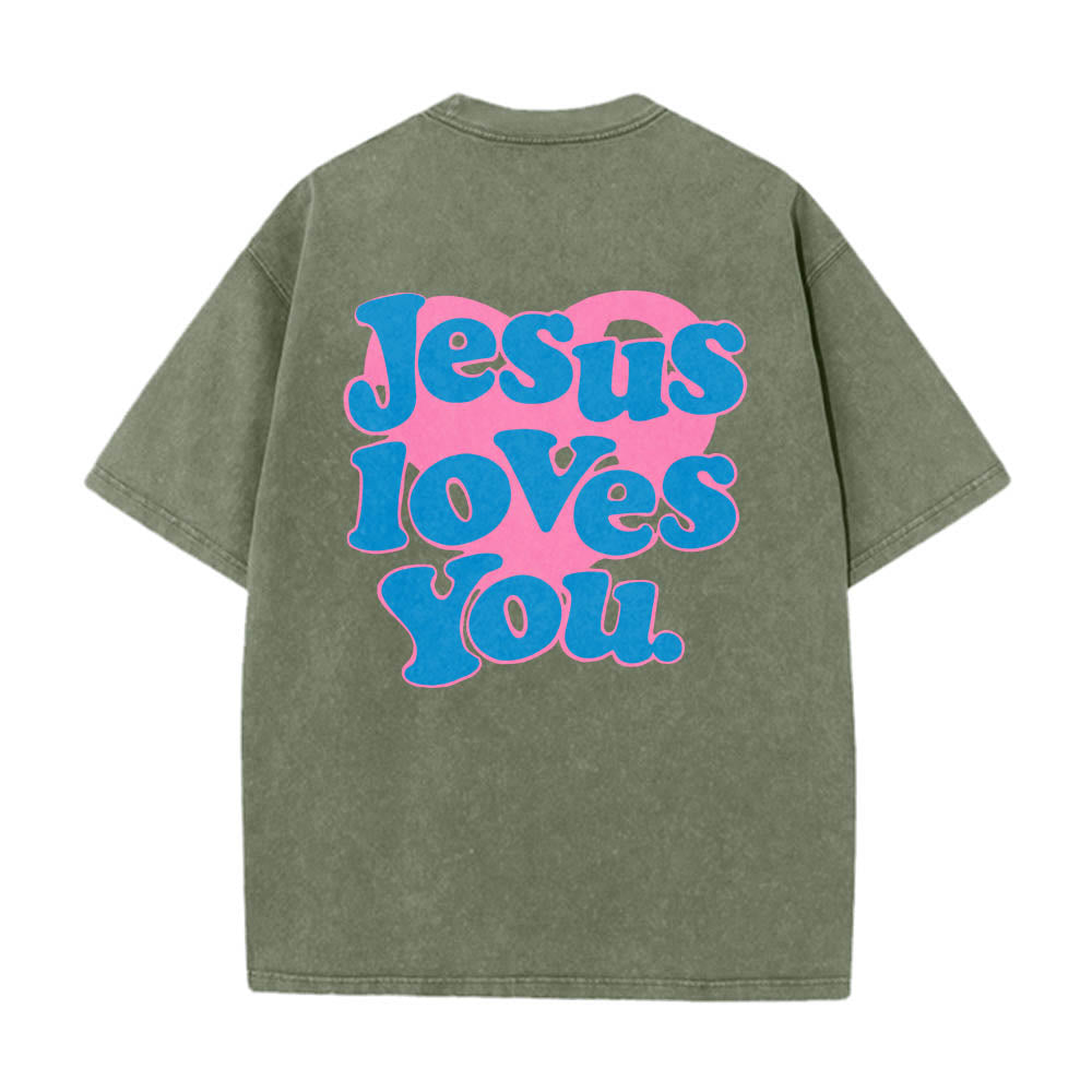 Christianartworkshop T-shirt délavé avec inscription « Jésus t’aime » en police bulle et cœur - Vert armée - 5XL - image 16