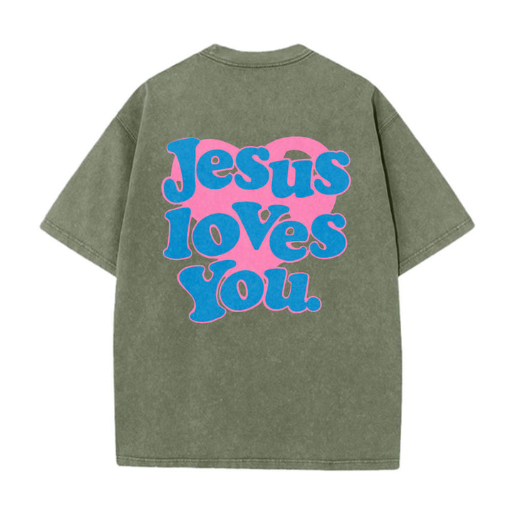 Christianartworkshop T-shirt délavé avec inscription « Jésus t’aime » en police bulle et cœur - Vert armée - 5XL - image 16