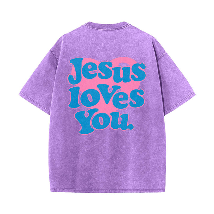 Christianartworkshop T-shirt délavé avec inscription « Jésus t’aime » en police bulle et cœur - Violet - 5XL - image 12