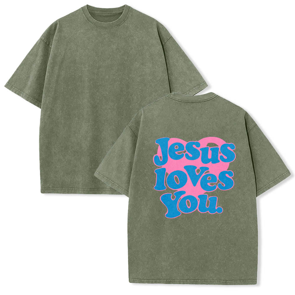 Christianartworkshop T-shirt délavé avec inscription « Jésus t’aime » en police bulle et cœur - image 17