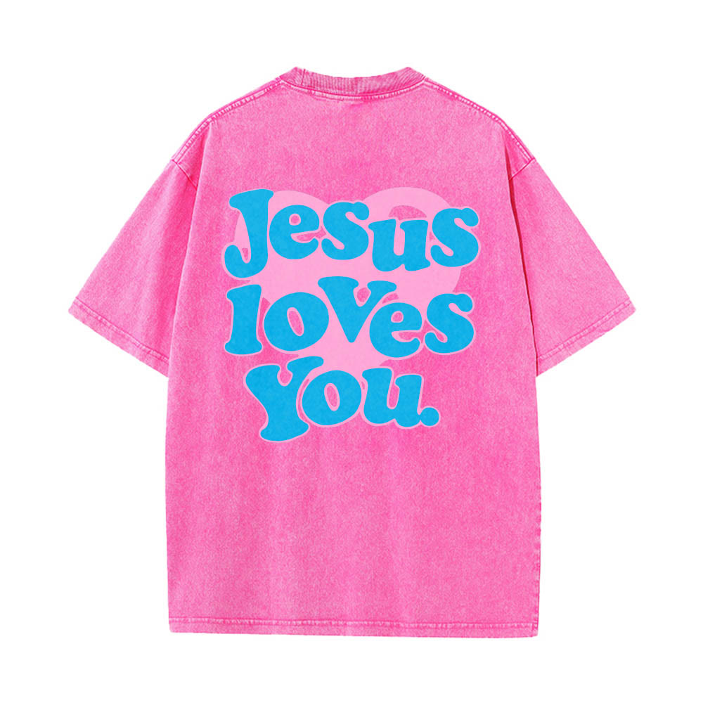 Christianartworkshop T-shirt délavé avec inscription « Jésus t’aime » en police bulle et cœur - Rose - 5XL - image 14