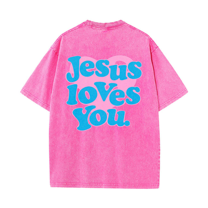 Christianartworkshop T-shirt délavé avec inscription « Jésus t’aime » en police bulle et cœur - Rose - 5XL - image 14