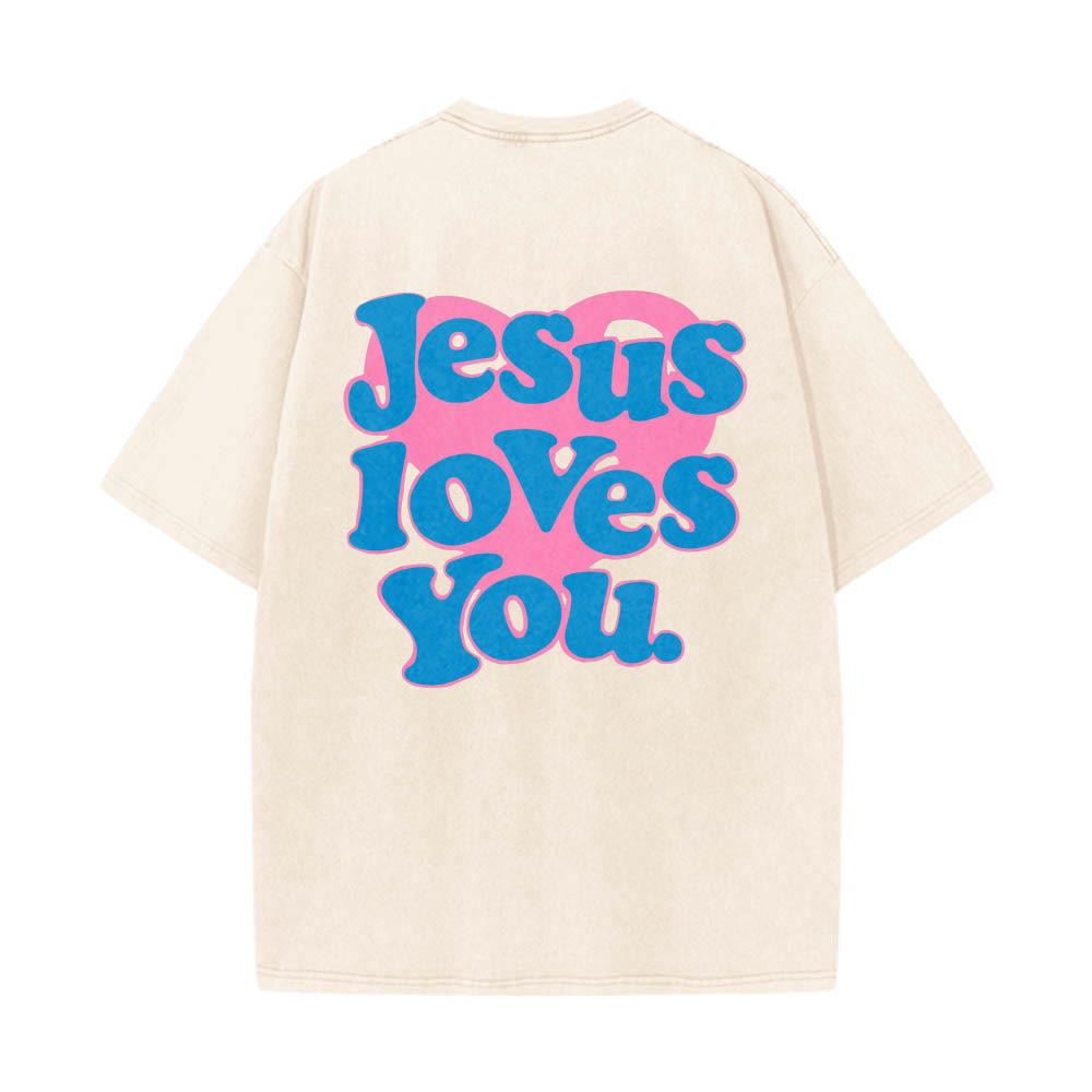 Christianartworkshop T-shirt délavé avec inscription « Jésus t’aime » en police bulle et cœur - Beige - 5XL - image 0