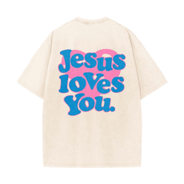 Christianartworkshop T-shirt délavé avec inscription « Jésus t’aime » en police bulle et cœur - Beige - 5XL - image 0