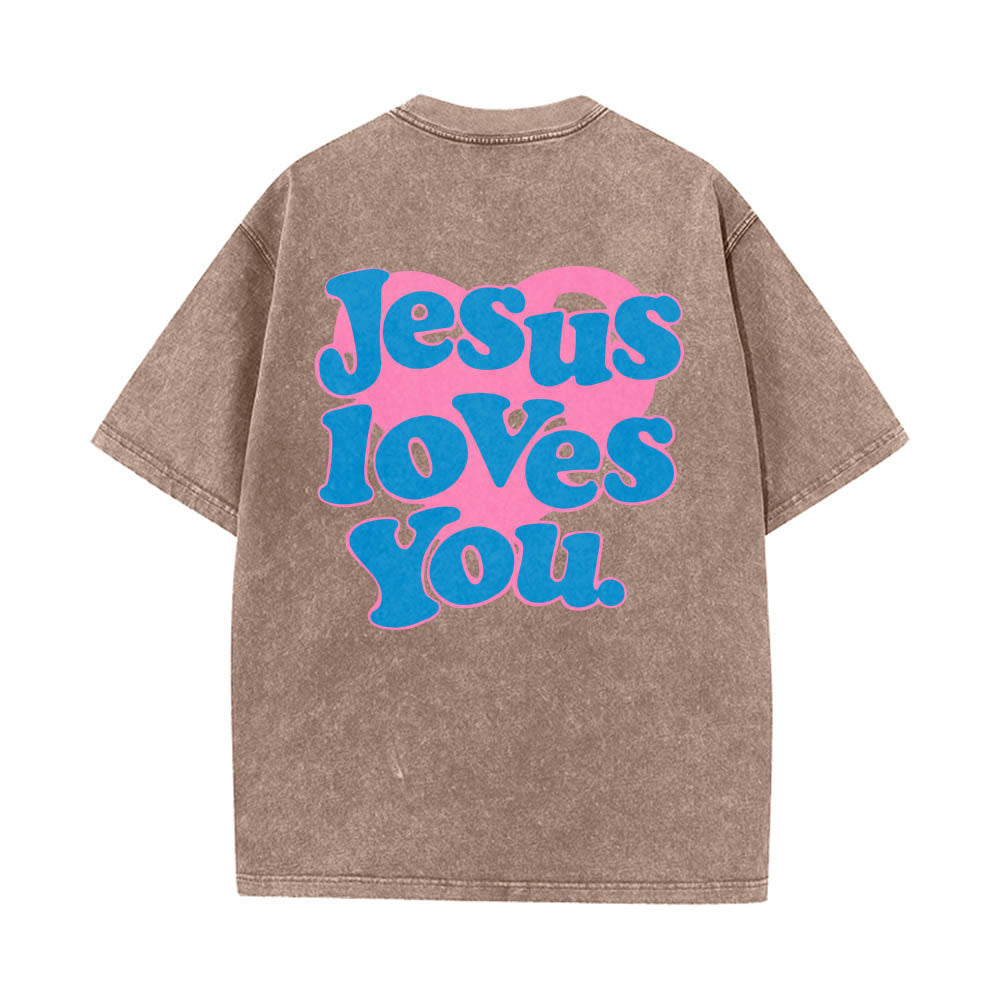 Christianartworkshop T-shirt délavé avec inscription « Jésus t’aime » en police bulle et cœur - Brun - 5XL - image 8