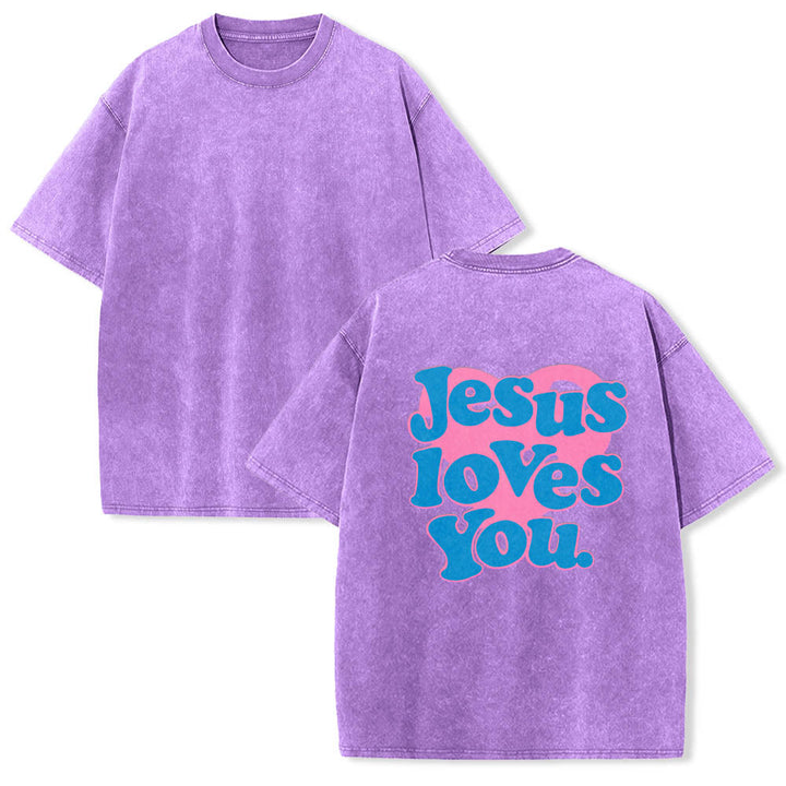 Christianartworkshop T-shirt délavé avec inscription « Jésus t’aime » en police bulle et cœur - image 13