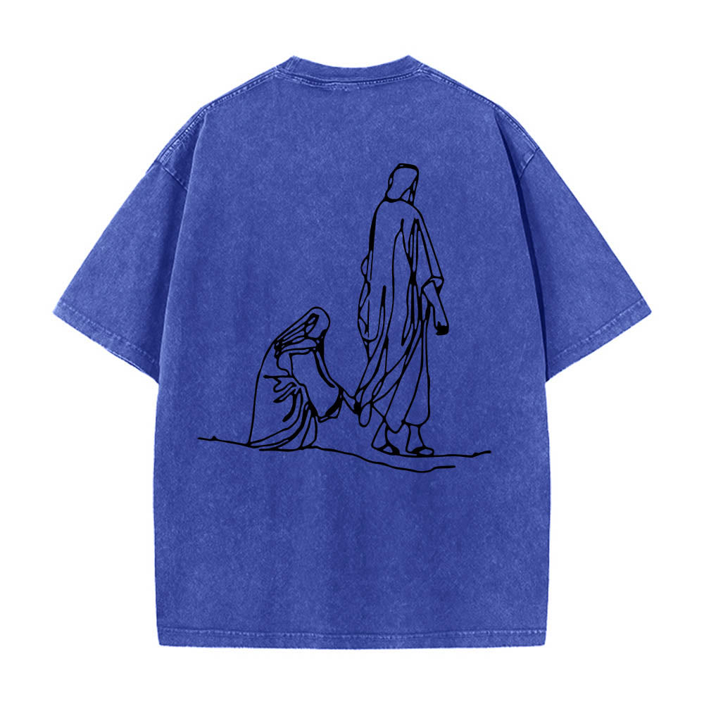 Christianartworkshop T-shirt délavé avec citation de Matthieu 9:20-22 : Femme saignante touchant le Christ, robe, dessin au trait, imprimé au dos. - image 14