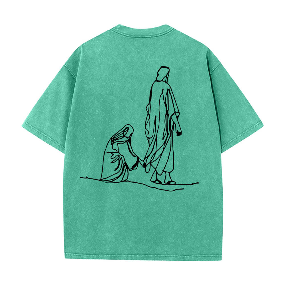 Christianartworkshop T-shirt délavé avec citation de Matthieu 9:20-22 : Femme saignante touchant le Christ, robe, dessin au trait, imprimé au dos. - image 17