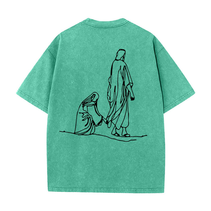 Christianartworkshop T-shirt délavé avec citation de Matthieu 9:20-22 : Femme saignante touchant le Christ, robe, dessin au trait, imprimé au dos. - image 17