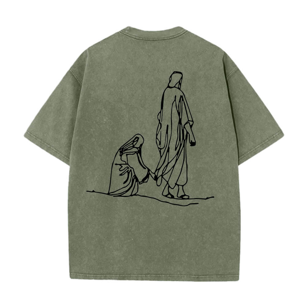 Christianartworkshop T-shirt délavé avec citation de Matthieu 9:20-22 : Femme saignante touchant le Christ, robe, dessin au trait, imprimé au dos. - image 26